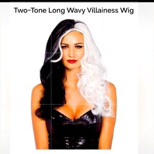 synthetic Cruella Deville wig - long wavy curls w/ 1/2 black 1/2 half white hair